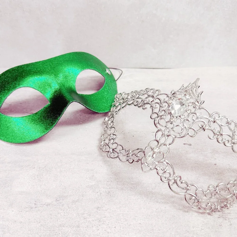 2 in 1 green mask, Masquerade party wedding, silver masquerade mask, Party mask